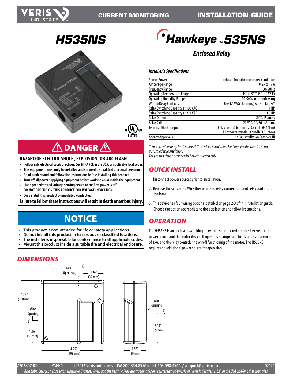 Veris Industries H535NS Install User Manual | 3 pages