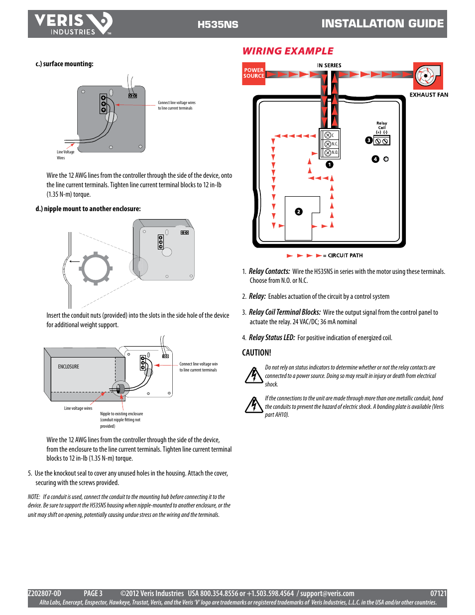 Installation guide, Wiring example | Veris Industries H535NS Install User Manual | Page 3 / 3