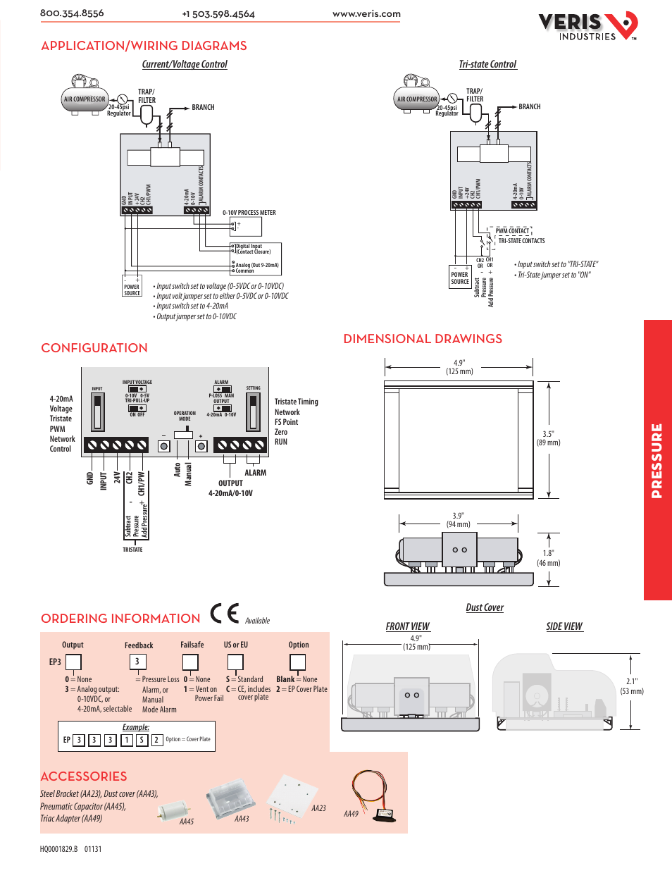 Pressure, Ordering information accessories, Current/voltage control tri-state control | Side view front view dust cover | Veris Industries EP3 Datasheet User Manual | Page 2 / 2