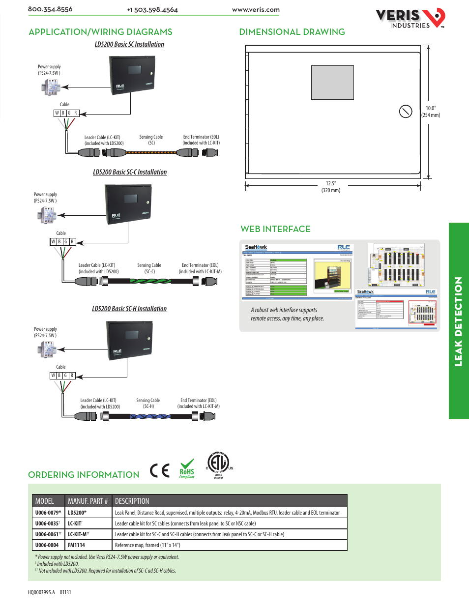 Le ak dete ction, Dimensional drawing, Application/wiring diagrams | Ordering information, Web interface, Model manuf. part # description, Rohs, Ld5200 basic sc installation, Ld5200 basic sc-c installation, Ld5200 basic sc-h installation | Veris Industries LD5200 Datasheet User Manual | Page 2 / 2