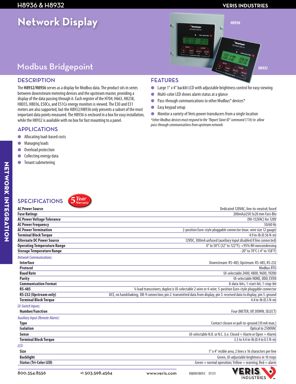 Veris Industries H8932 Datasheet User Manual | 2 pages