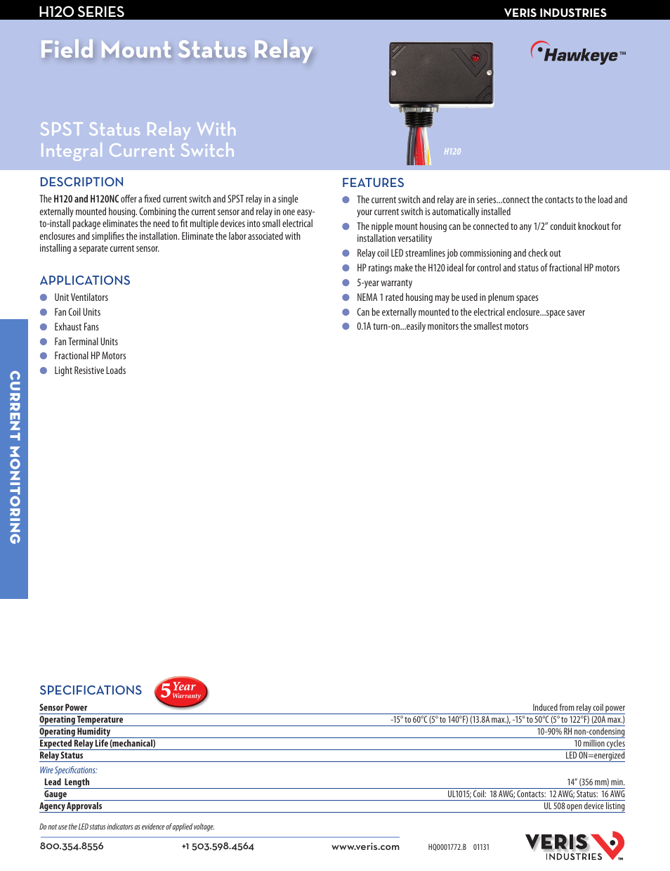 Veris Industries H120 SERIES Datasheet User Manual | 2 pages