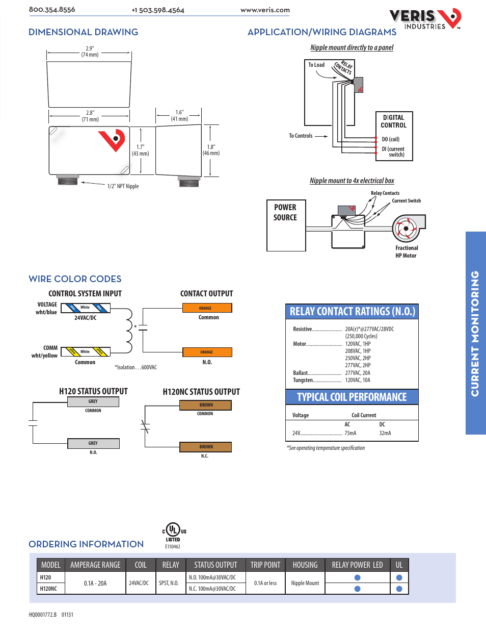 Typical coil performance, Relay contact ratings (n.o.), Current monit oring | Dimensional drawing wire color codes, Application/wiring diagrams, H120 status output, H120nc status output ordering information, Contact output control system input, Power source | Veris Industries H120 SERIES Datasheet User Manual | Page 2 / 2