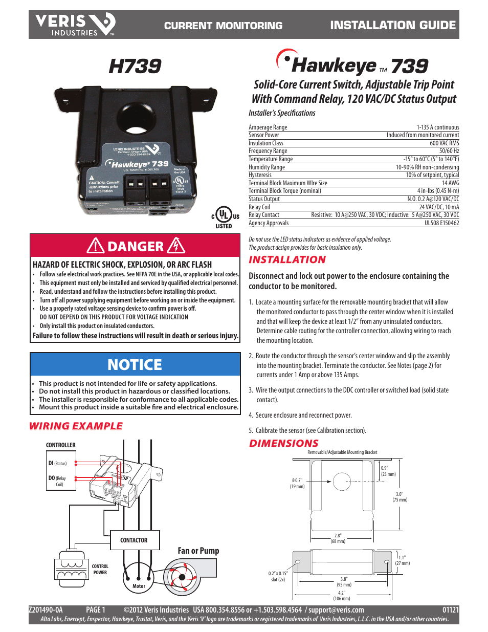 Veris Industries H739 Install User Manual | 2 pages