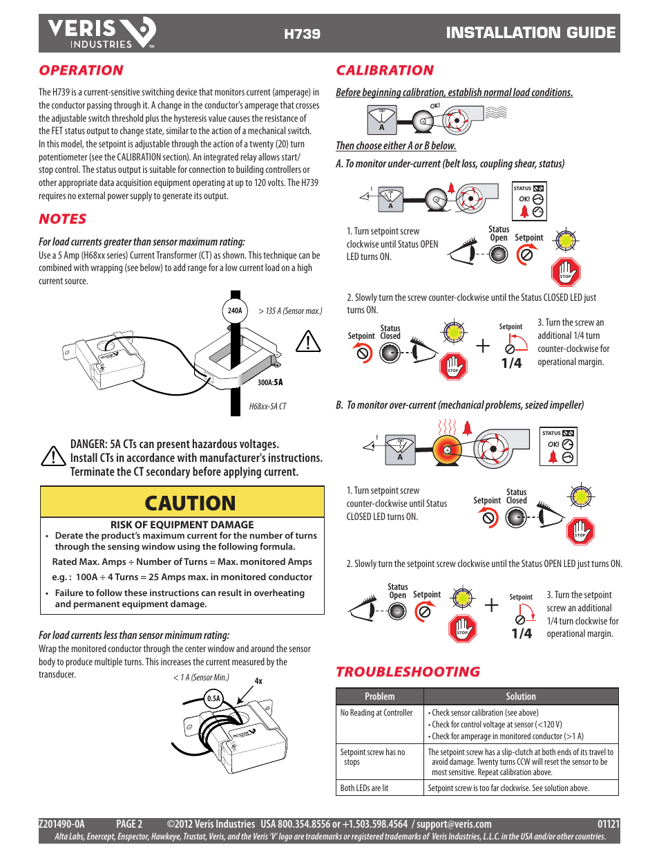 Caution, Installation guide, Operation | Troubleshooting, Calibration, H739 | Veris Industries H739 Install User Manual | Page 2 / 2