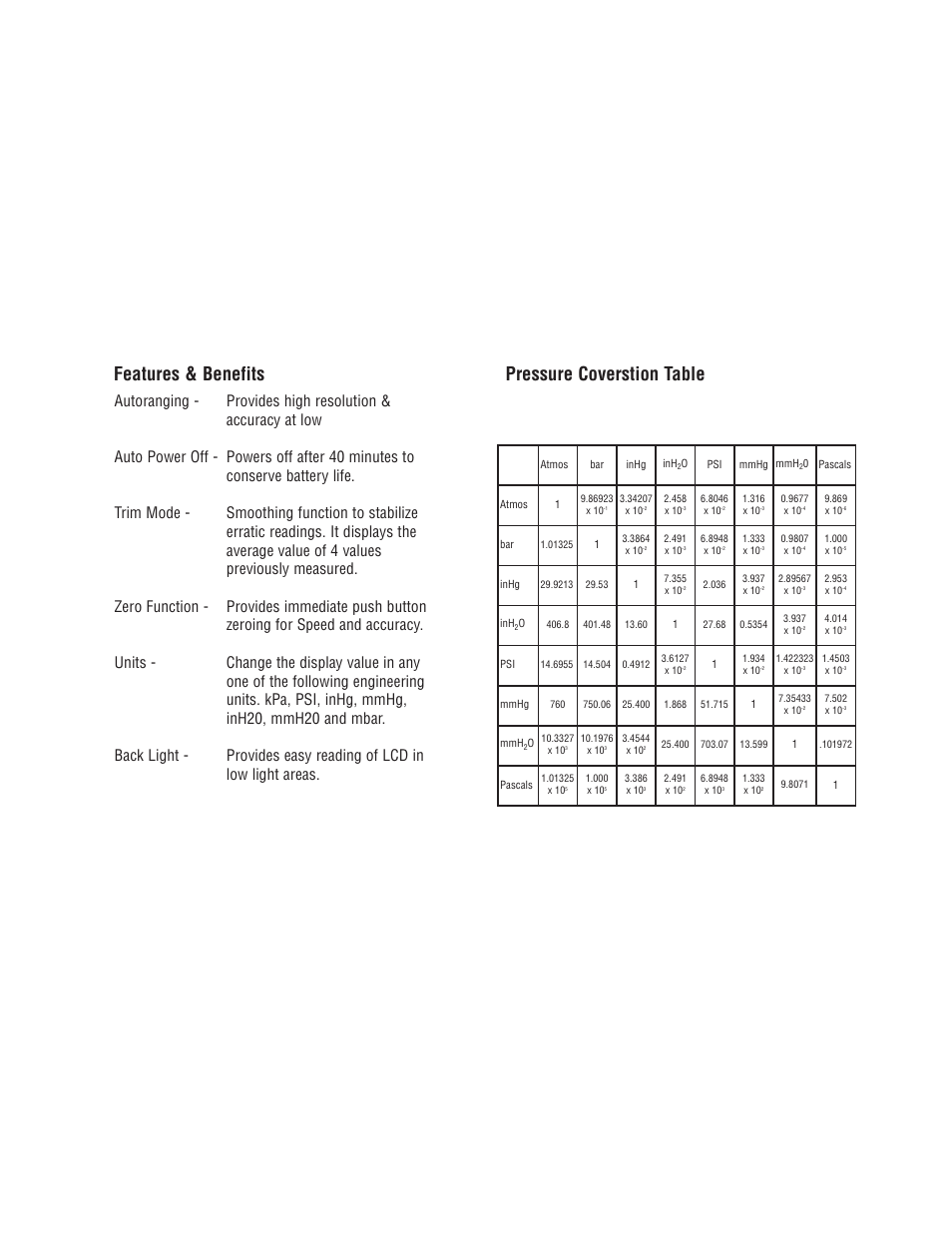 Features & benefits, Pressure coverstion table | Veris Industries 621 Manual User Manual | Page 4 / 7