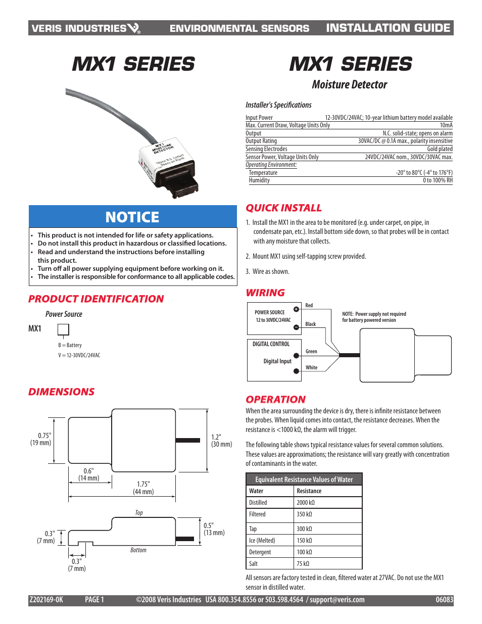 Veris Industries MX1 SERIES Install User Manual | 1 page