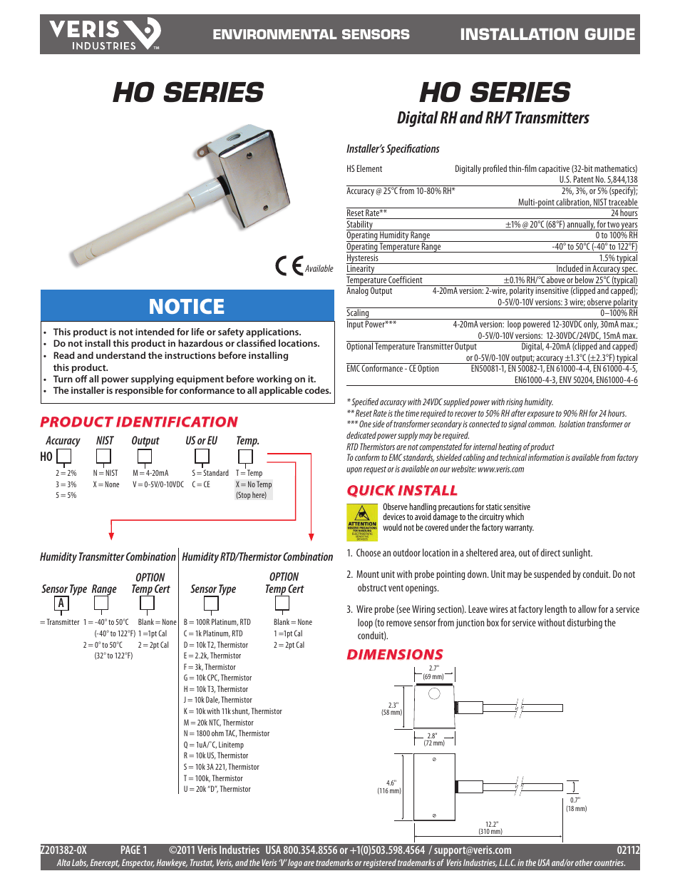 Veris Industries HO SerieS Install User Manual | 3 pages