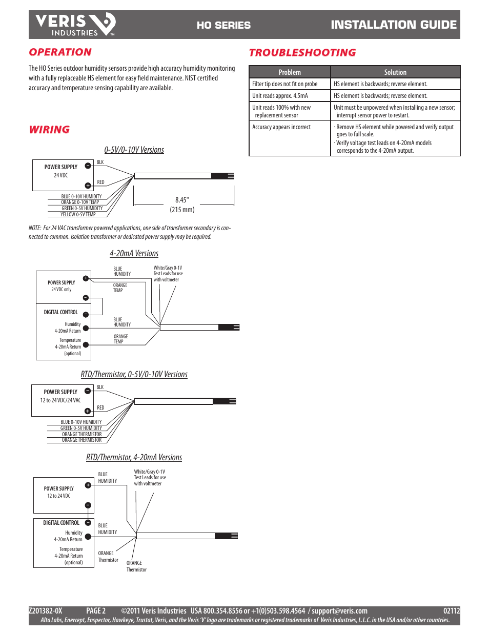 Installation guide, Operation, Wiring troubleshooting | Ho series | Veris Industries HO SerieS Install User Manual | Page 2 / 3