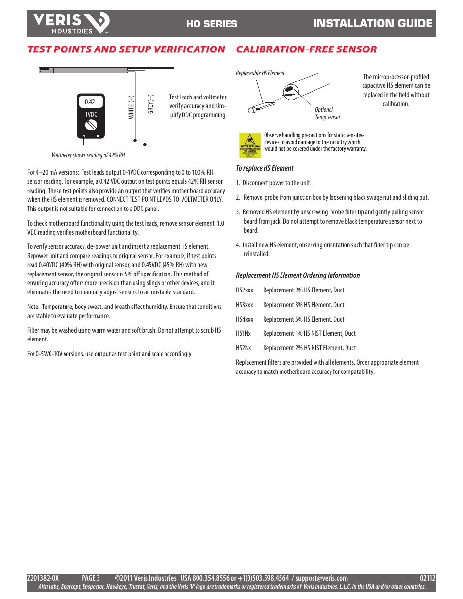 Installation guide, Test points and setup verification, Calibration-free sensor | Veris Industries HO SerieS Install User Manual | Page 3 / 3