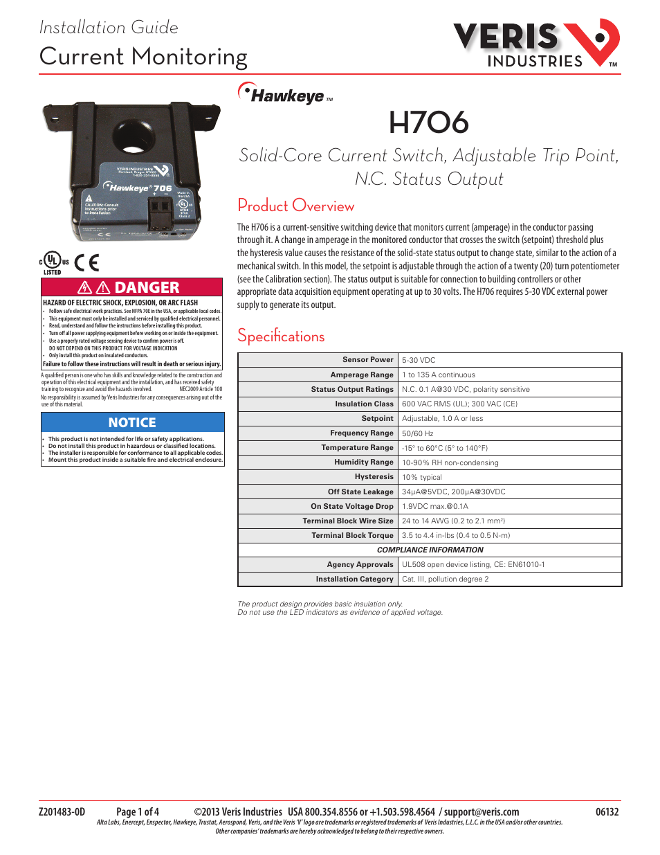 Veris Industries H706 Install User Manual | 4 pages
