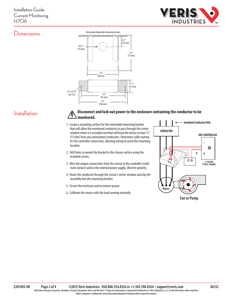 Installation dimensions, Installation guide current monitoring h706, Fan or pump | Veris Industries H706 Install User Manual | Page 2 / 4
