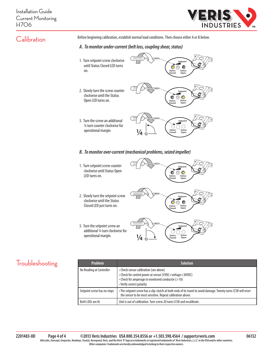 Calibration troubleshooting, Installation guide current monitoring h706 | Veris Industries H706 Install User Manual | Page 4 / 4