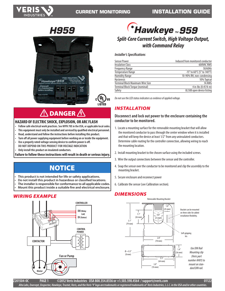 Veris Industries H959 Install User Manual | 2 pages