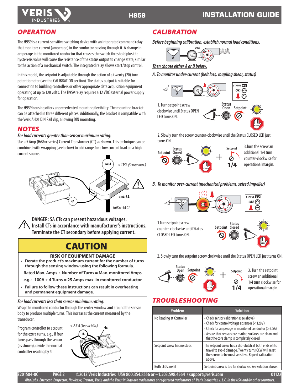 Caution, Installation guide, Operation | Troubleshooting, Calibration, H959 | Veris Industries H959 Install User Manual | Page 2 / 2