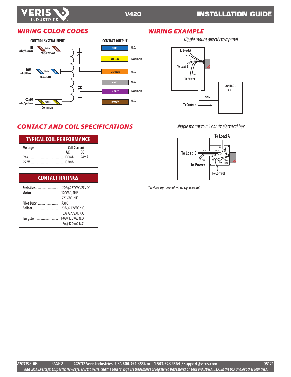 Installation guide, Typical coil performance contact ratings, Wiring color codes contact and coil specifications | Wiring example, V420 | Veris Industries V420 Install User Manual | Page 2 / 2