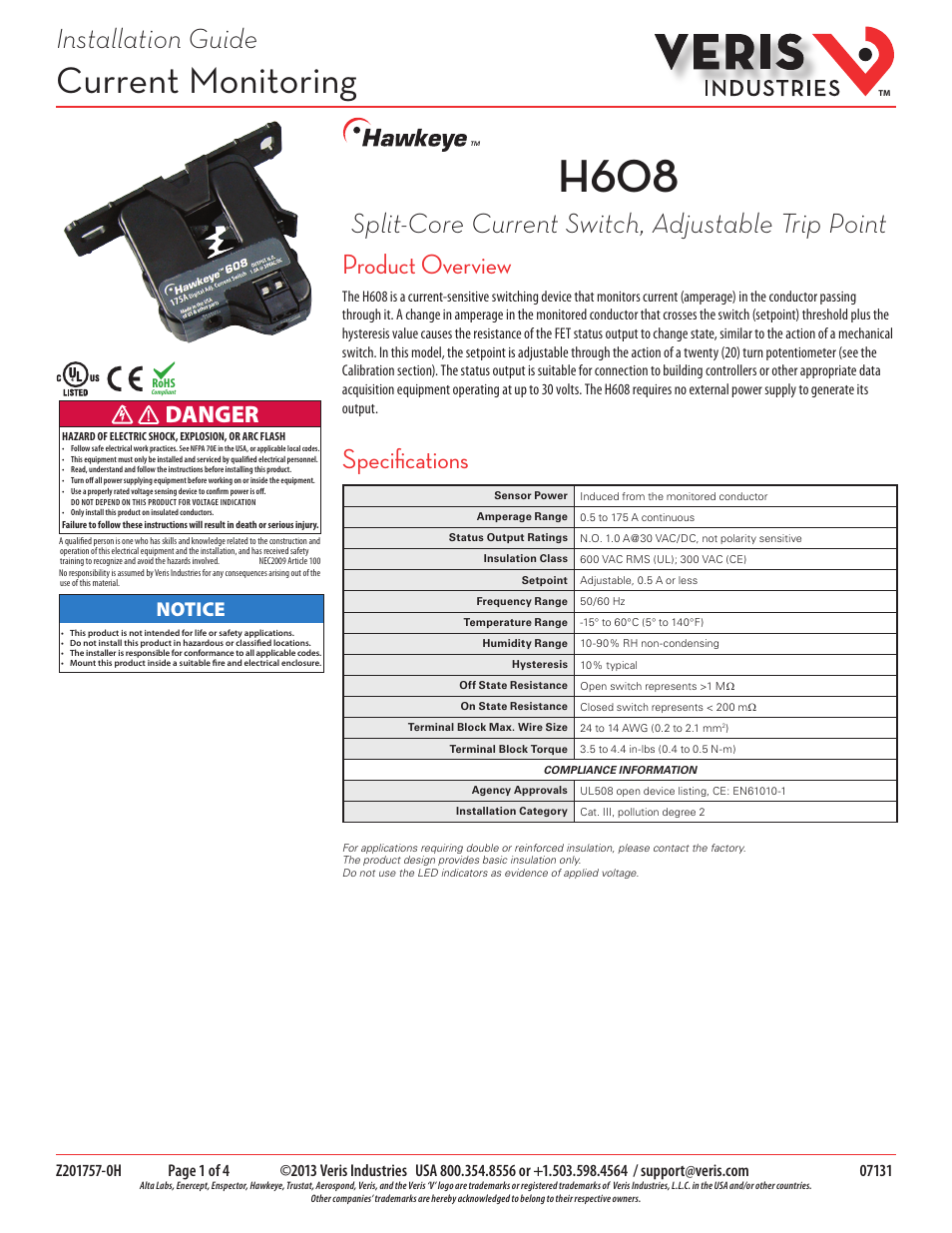 Veris Industries H608 Install User Manual | 4 pages
