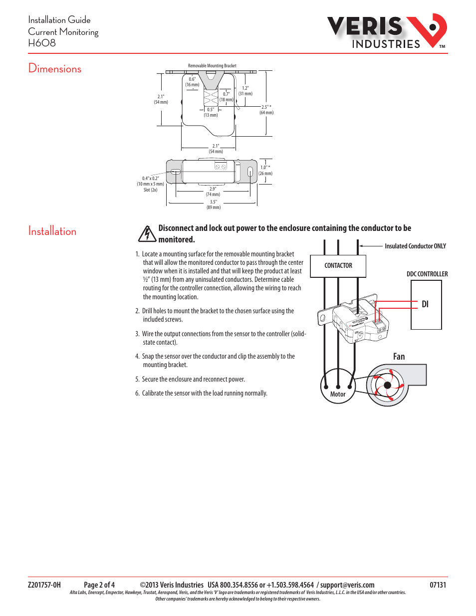Installation dimensions, Installation guide current monitoring h608 | Veris Industries H608 Install User Manual | Page 2 / 4