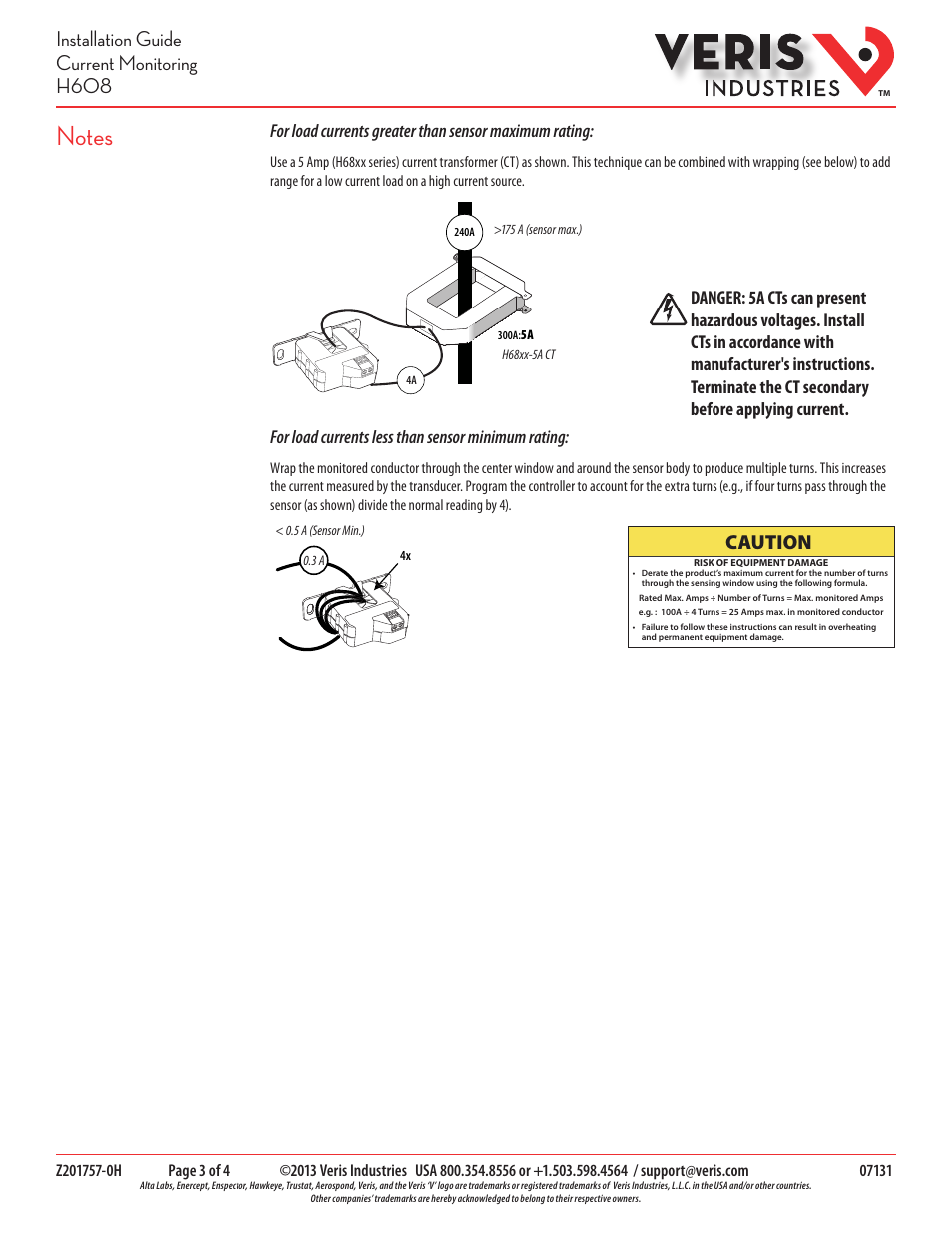 Installation guide current monitoring h608, Caution | Veris Industries H608 Install User Manual | Page 3 / 4