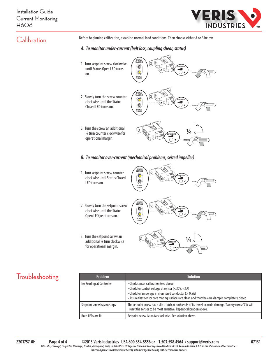 Calibration troubleshooting, Installation guide current monitoring h608 | Veris Industries H608 Install User Manual | Page 4 / 4