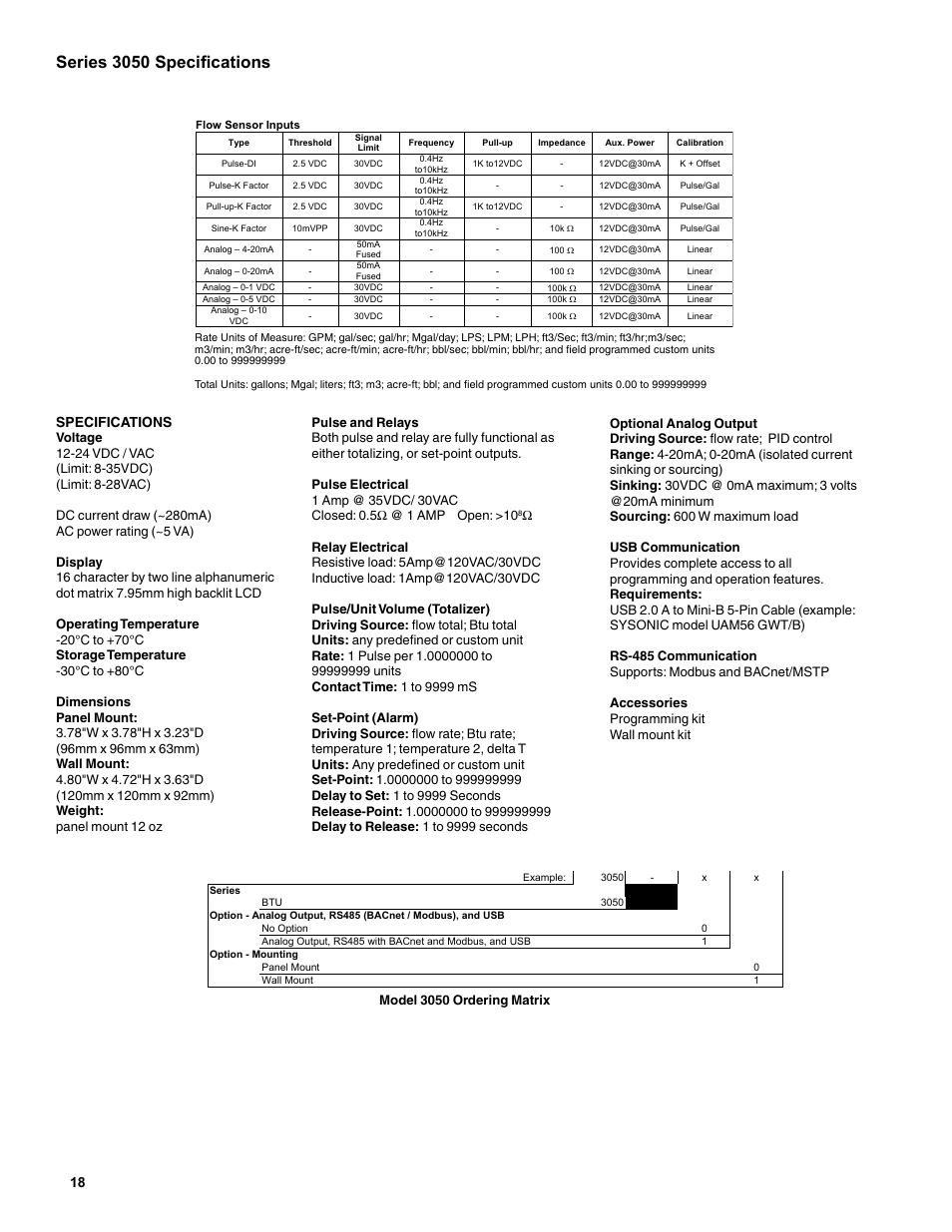 Series 3050 specifications, 18 specifications | Veris Industries Badger 3050 SERIES Install User Manual | Page 18 / 20