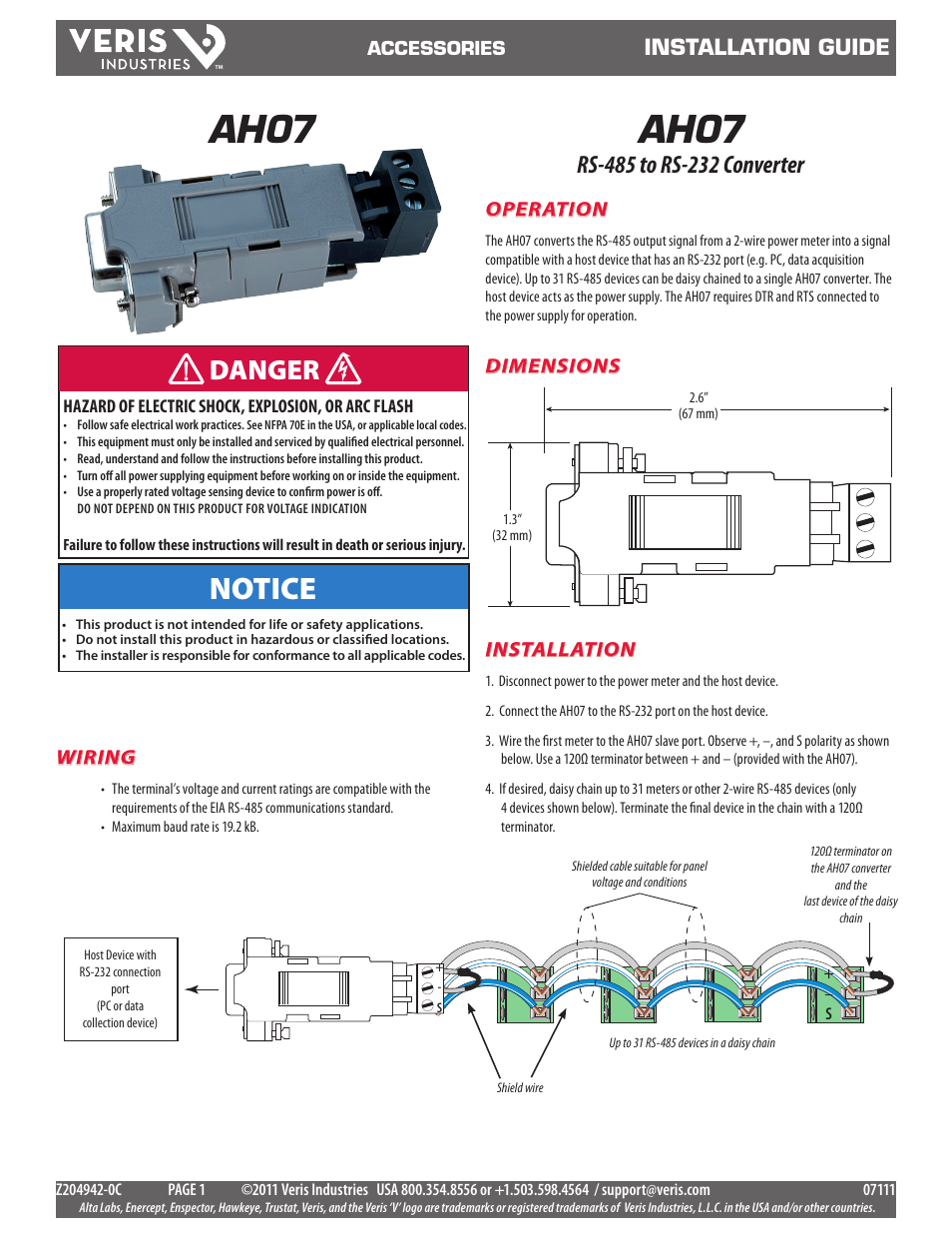 Veris Industries AH07 Install User Manual | 1 page