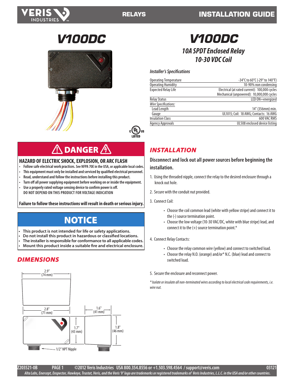 Veris Industries V100DC Install User Manual | 2 pages