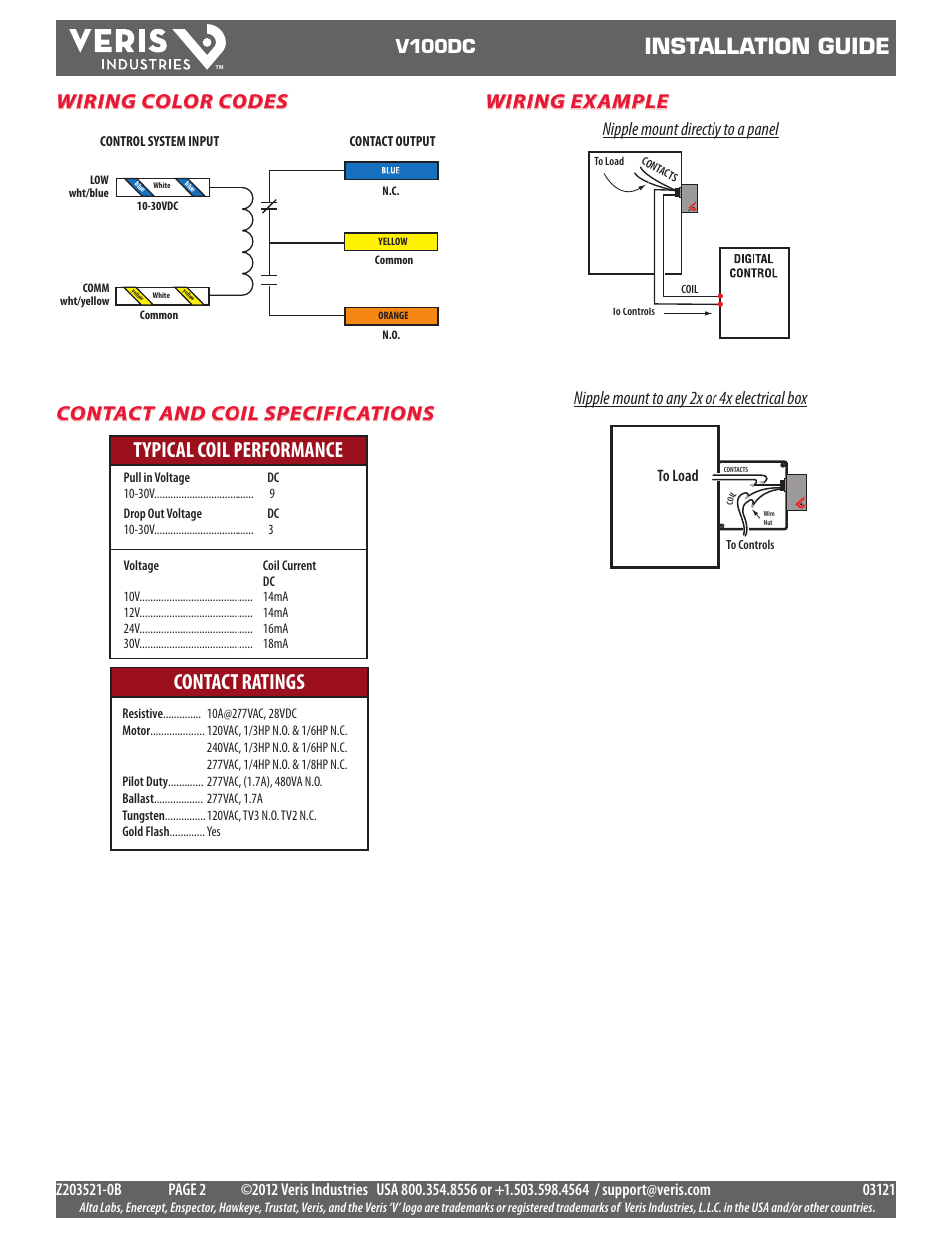 Installation guide, Typical coil performance contact ratings, Wiring example | Wiring color codes contact and coil specifications, V100dc | Veris Industries V100DC Install User Manual | Page 2 / 2