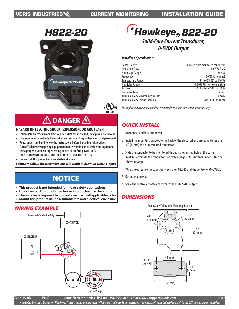 Veris Industries H822-20 Install User Manual | 2 pages