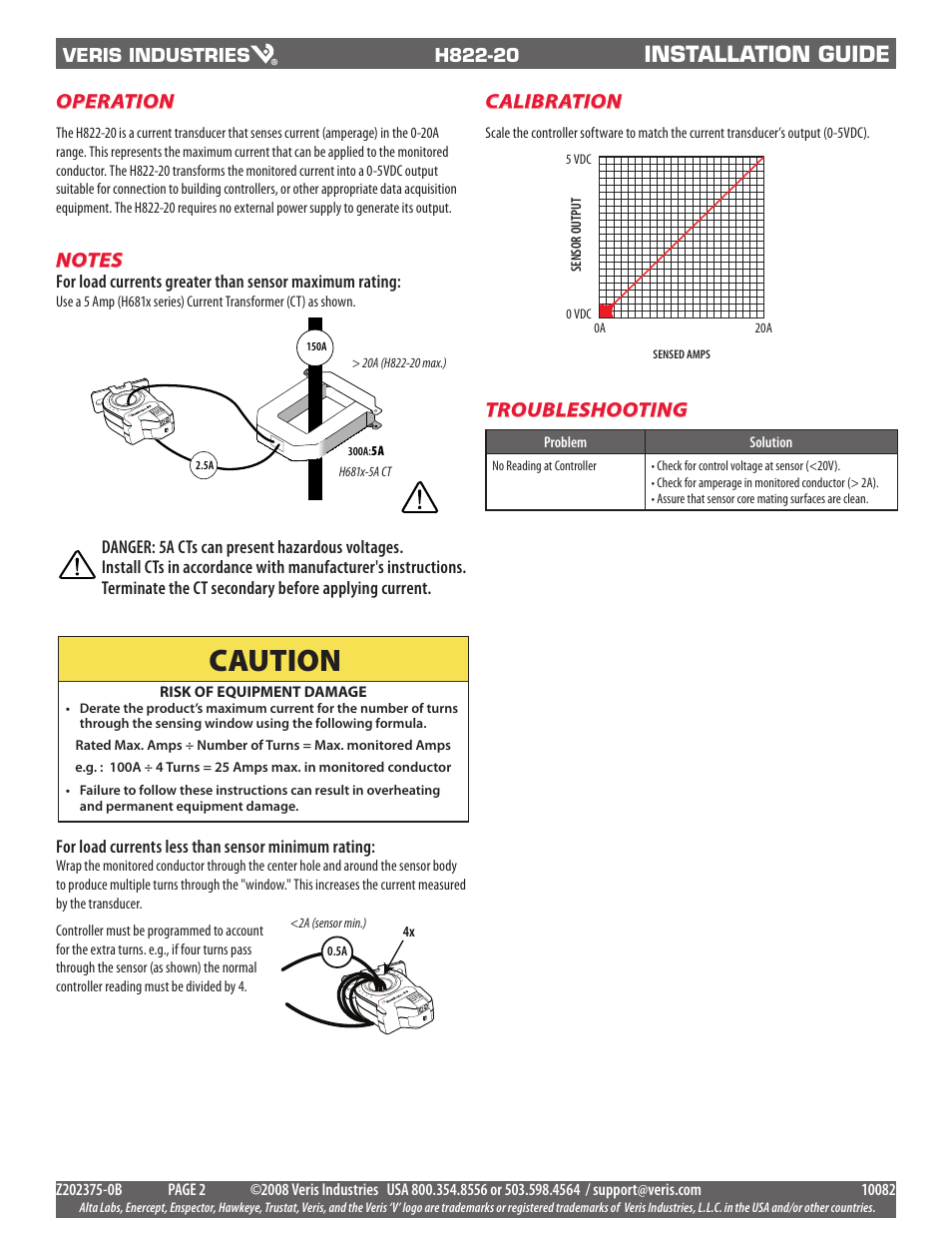 Caution, Installation guide, Operation | Calibration | Veris Industries H822-20 Install User Manual | Page 2 / 2