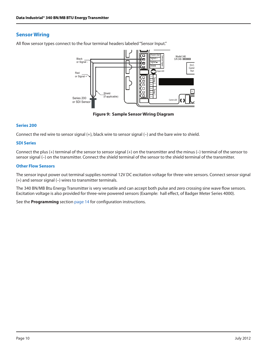 Sensor wiring, Series 200, Sdi series | Other flow sensors | Badger Meter 340 BN/MB Btu Energy Transmitter User Manual | Page 10 / 28
