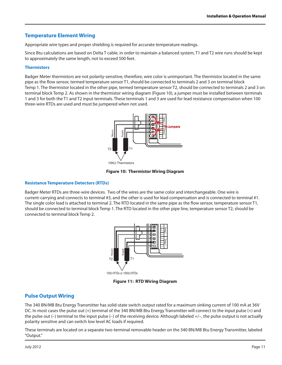 Temperature element wiring, Thermistors, Resistance temperature detectors (rtds) | Pulse output wiring | Badger Meter 340 BN/MB Btu Energy Transmitter User Manual | Page 11 / 28