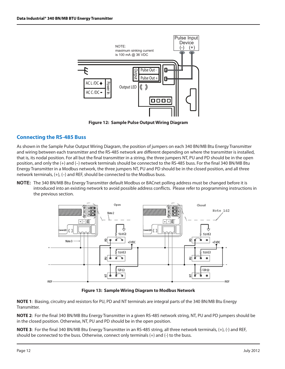 Connecting the rs-485 buss | Badger Meter 340 BN/MB Btu Energy Transmitter User Manual | Page 12 / 28
