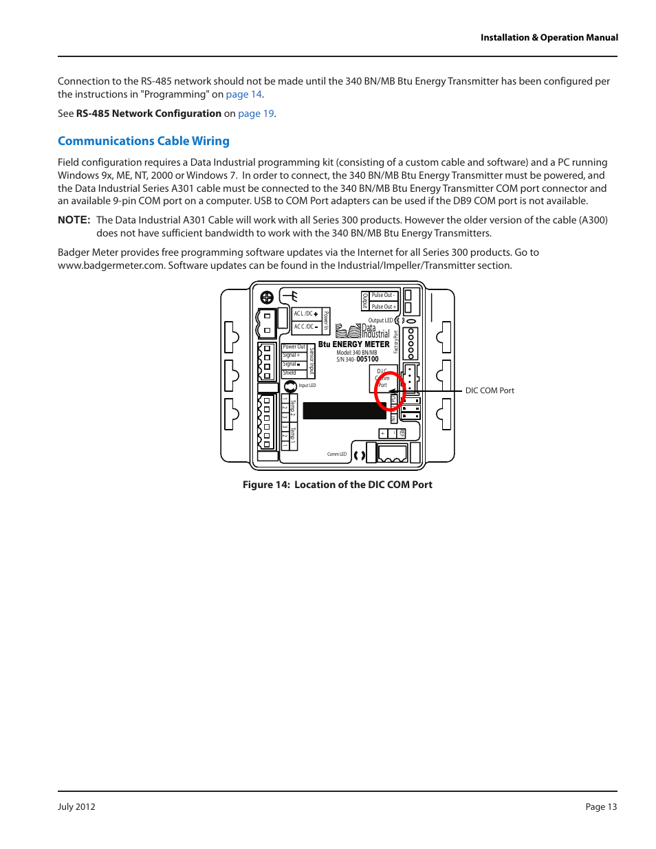 Communications cable wiring, Data industrial, Figure 14: location of the dic com port | Badger Meter 340 BN/MB Btu Energy Transmitter User Manual | Page 13 / 28