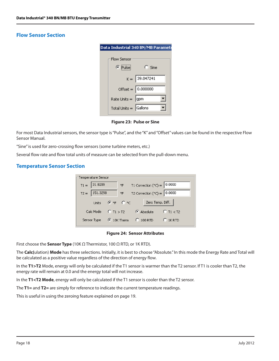 Flow sensor section, Temperature sensor section | Badger Meter 340 BN/MB Btu Energy Transmitter User Manual | Page 18 / 28