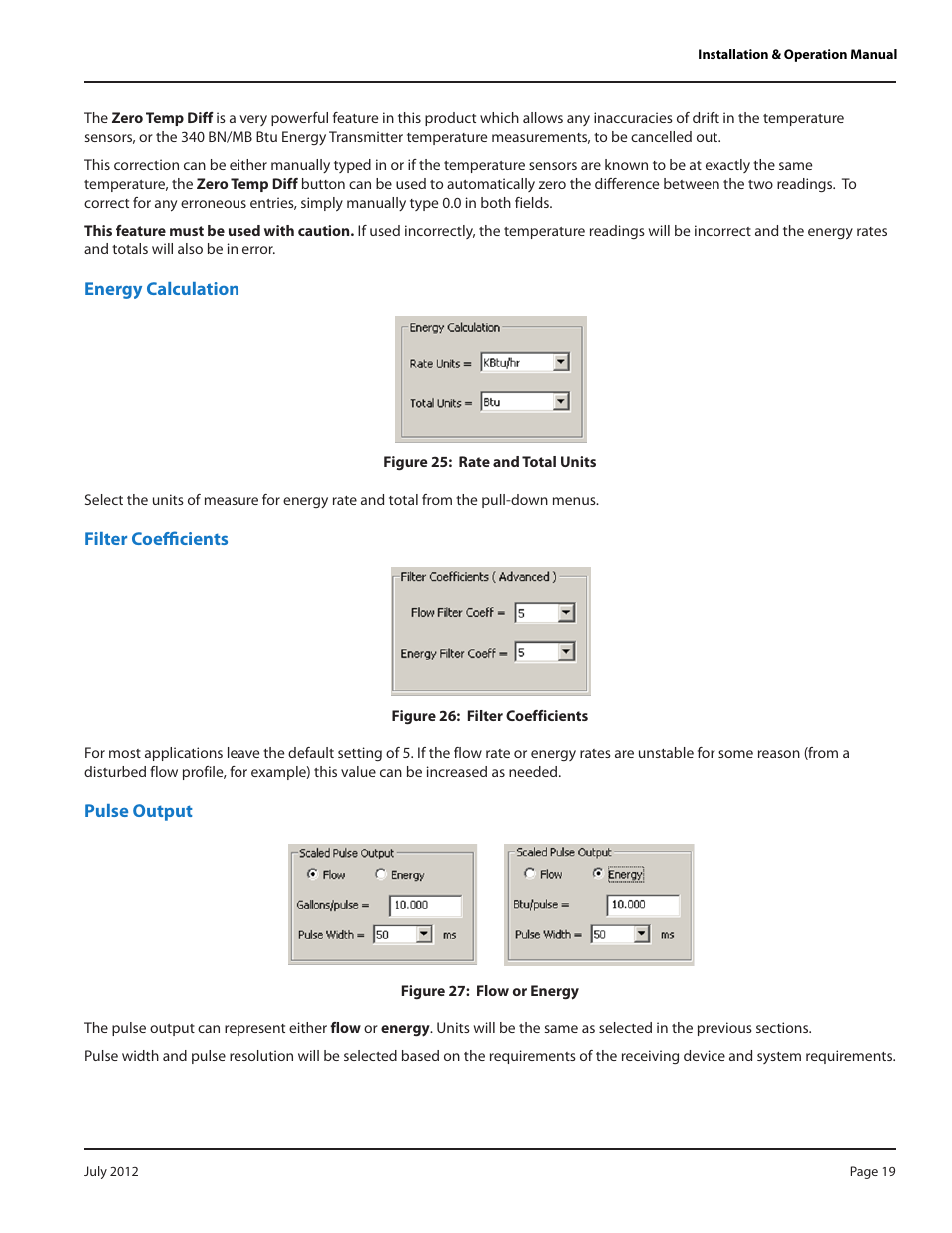Energy calculation, Filter coefficients, Pulse output | Badger Meter 340 BN/MB Btu Energy Transmitter User Manual | Page 19 / 28