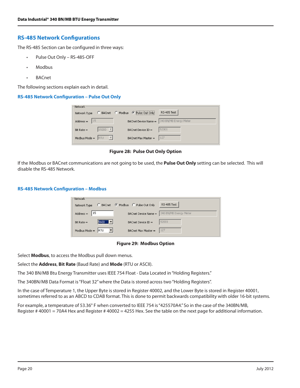 Rs-485 network configurations, Rs-485 network configuration – pulse out only, Rs-485 network configuration – modbus | Badger Meter 340 BN/MB Btu Energy Transmitter User Manual | Page 20 / 28