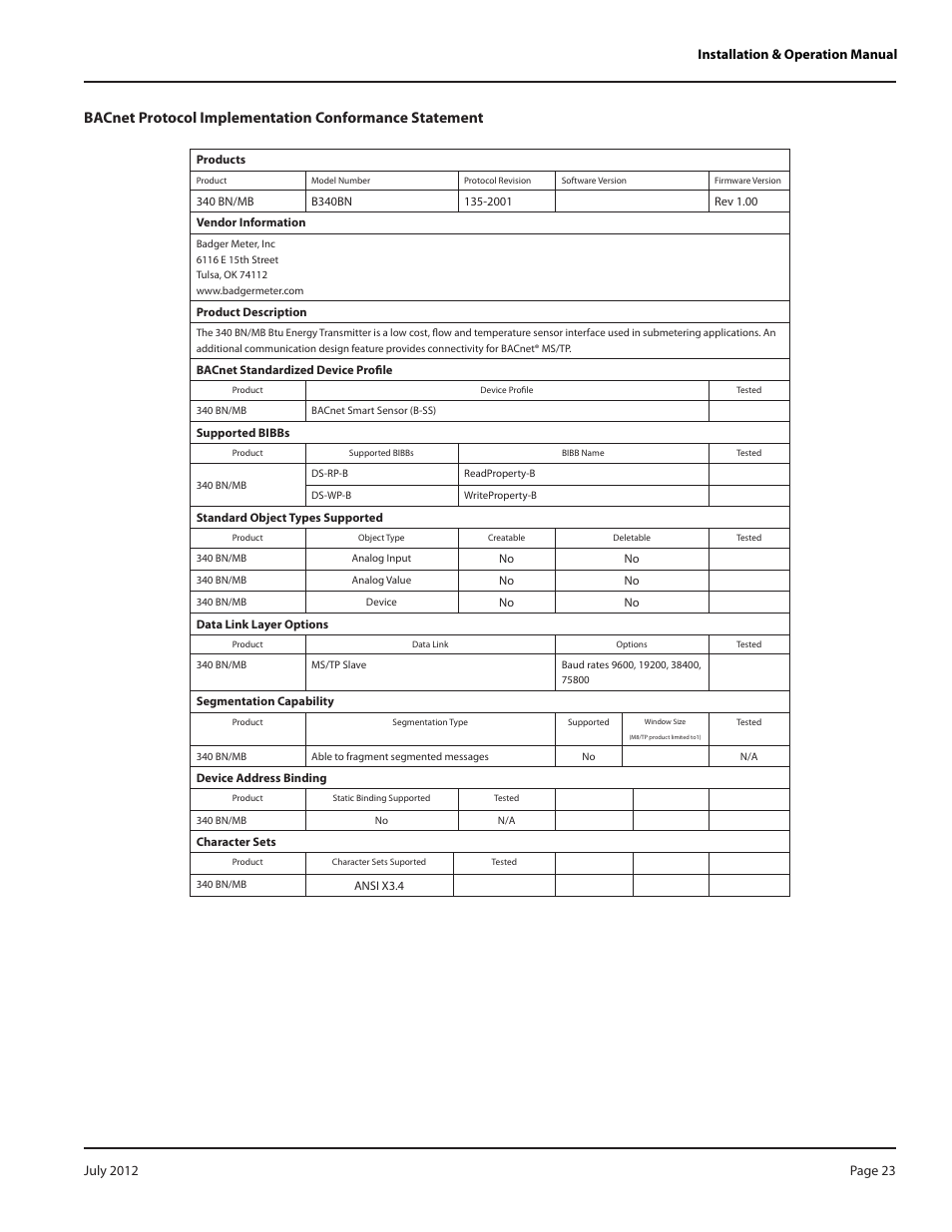 Badger Meter 340 BN/MB Btu Energy Transmitter User Manual | Page 23 / 28