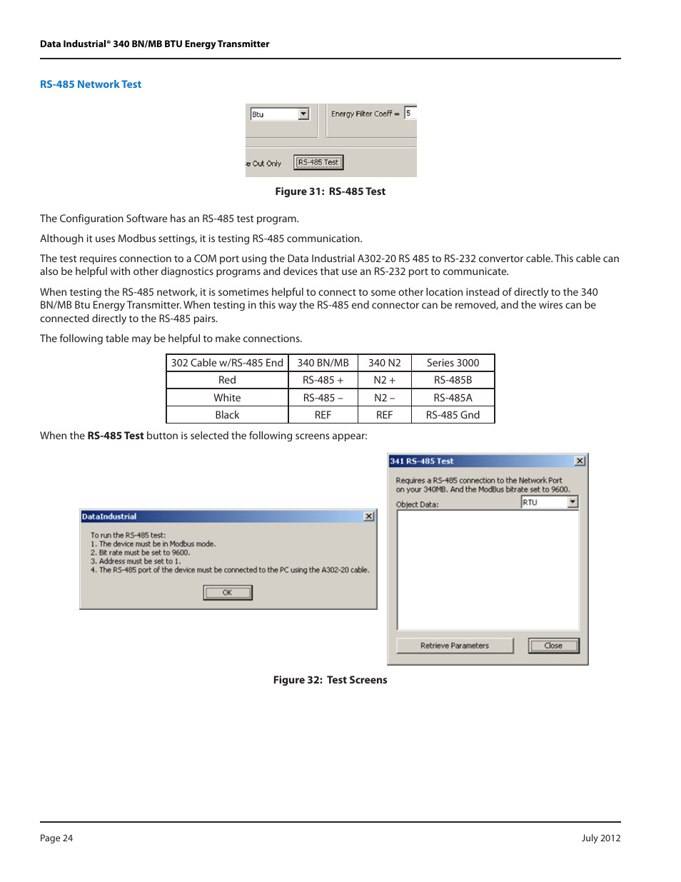 Rs-485 network test | Badger Meter 340 BN/MB Btu Energy Transmitter User Manual | Page 24 / 28