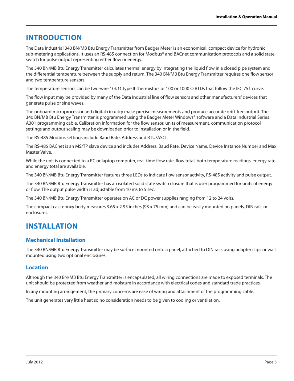 Introduction, Installation, Mechanical installation | Location | Badger Meter 340 BN/MB Btu Energy Transmitter User Manual | Page 5 / 28