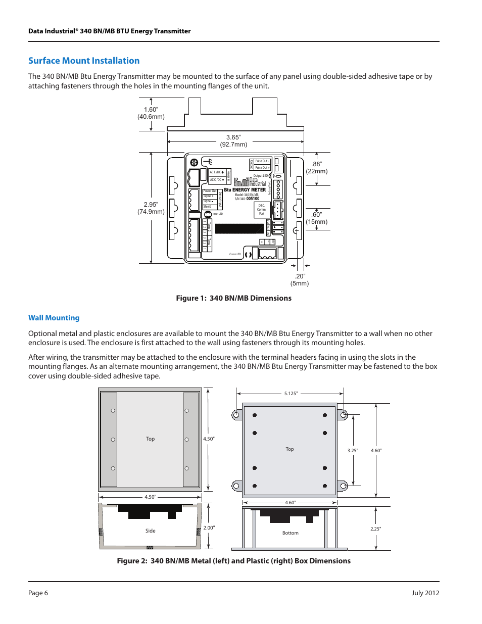 Surface mount installation, Wall mounting, Data industrial | Badger Meter 340 BN/MB Btu Energy Transmitter User Manual | Page 6 / 28