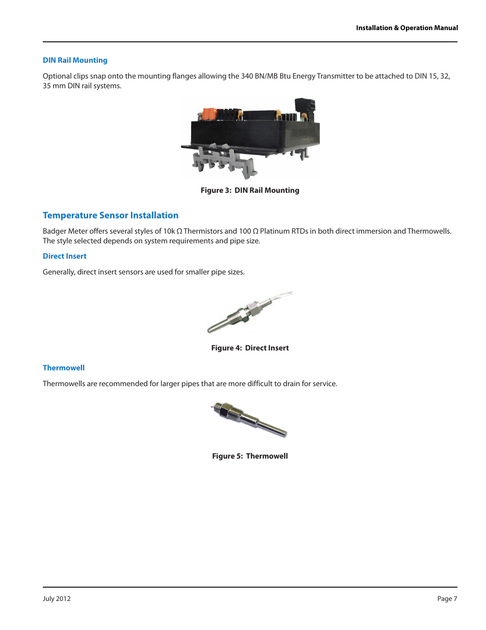 Din rail mounting, Temperature sensor installation, Direct insert | Thermowell | Badger Meter 340 BN/MB Btu Energy Transmitter User Manual | Page 7 / 28