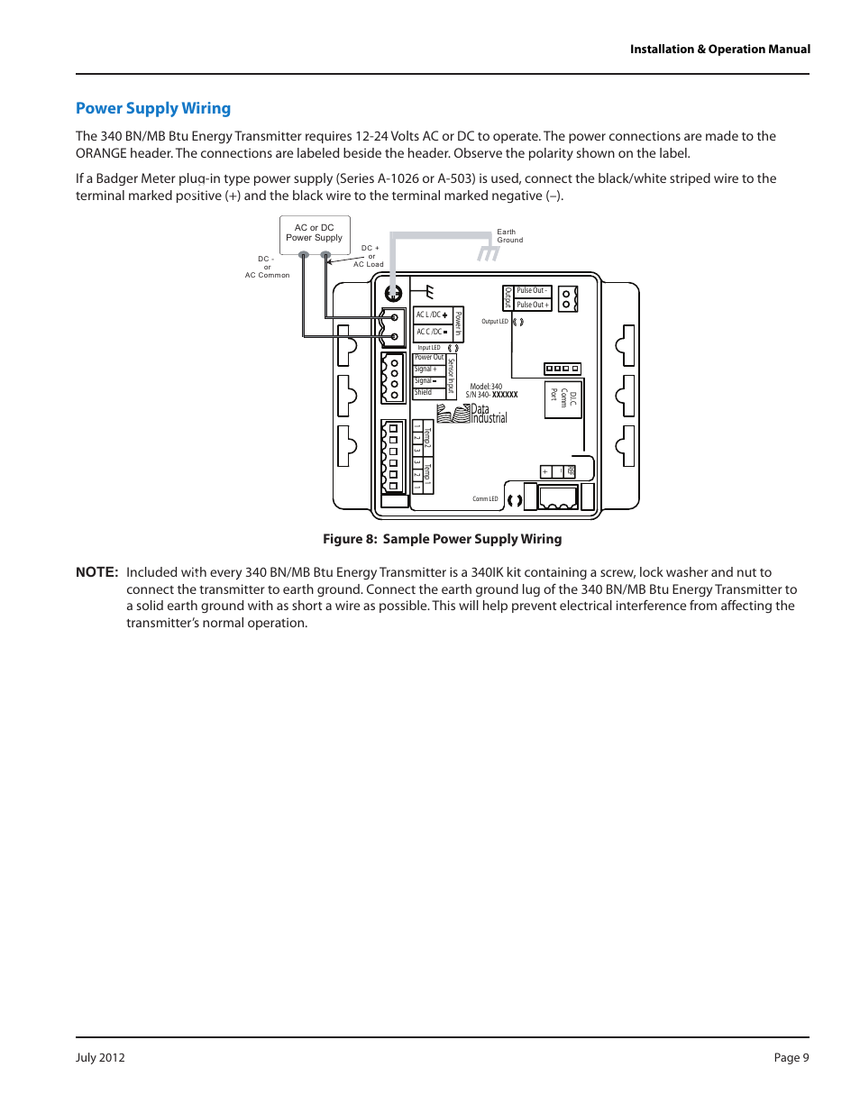 Power supply wiring, Data industrial | Badger Meter 340 BN/MB Btu Energy Transmitter User Manual | Page 9 / 28