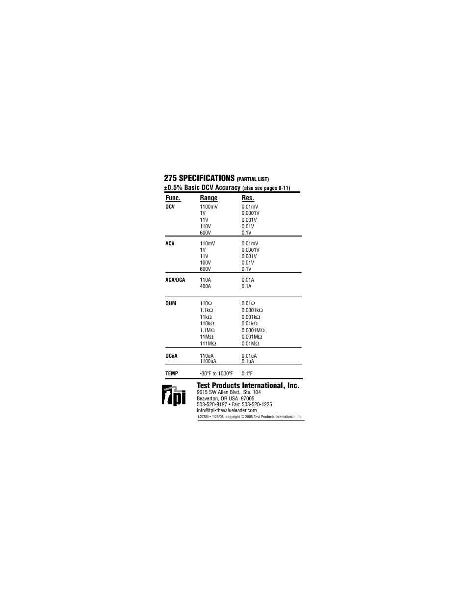 275 specifications, Test products international, inc, Func. range res | 5% basic dcv accuracy | Veris Industries 275 Manual User Manual | Page 21 / 21