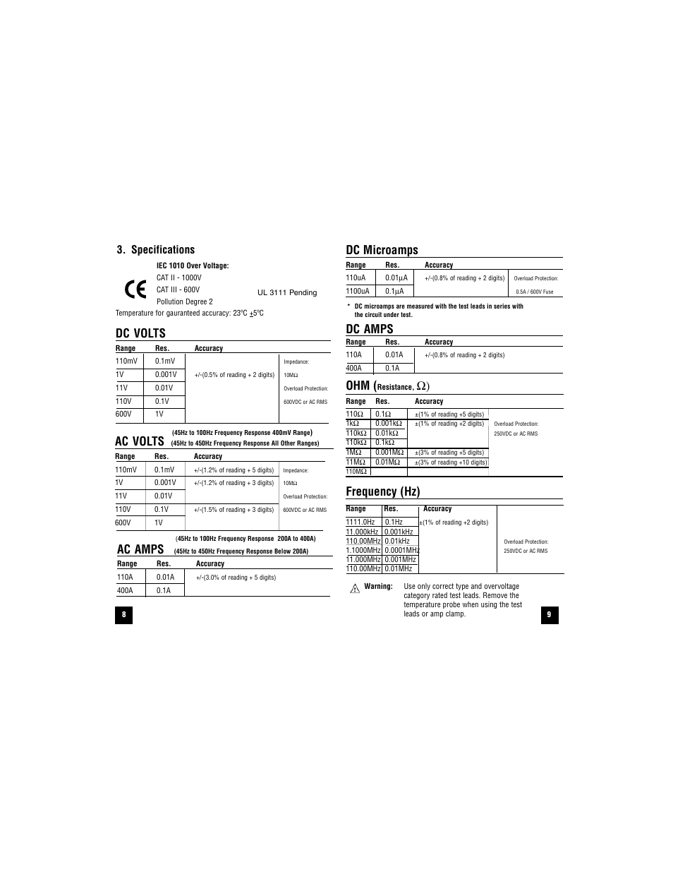 Dc volts, Ac volts, Dc microamps | Dc amps, Frequency (hz), Ac amps, Specifications | Veris Industries 275 Manual User Manual | Page 5 / 21