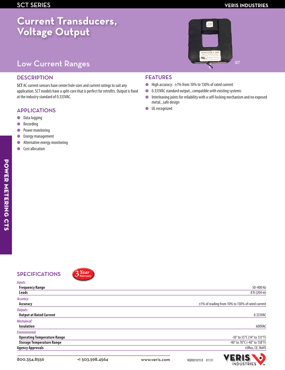 Veris Industries SCT SERIES Datasheet User Manual | 2 pages