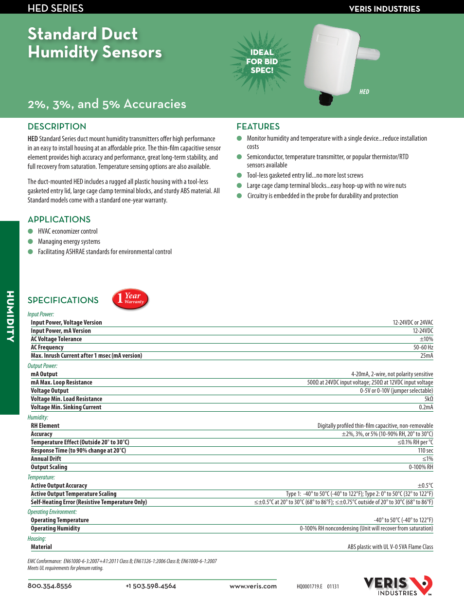 Veris Industries HED SERIES Datasheet User Manual | 2 pages