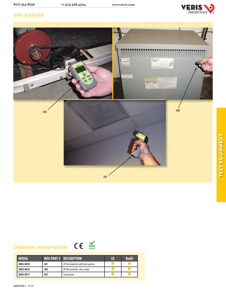 Tes t e quip ment, Applications, Ordering information | Veris Industries 381 IR Datasheet User Manual | Page 2 / 2