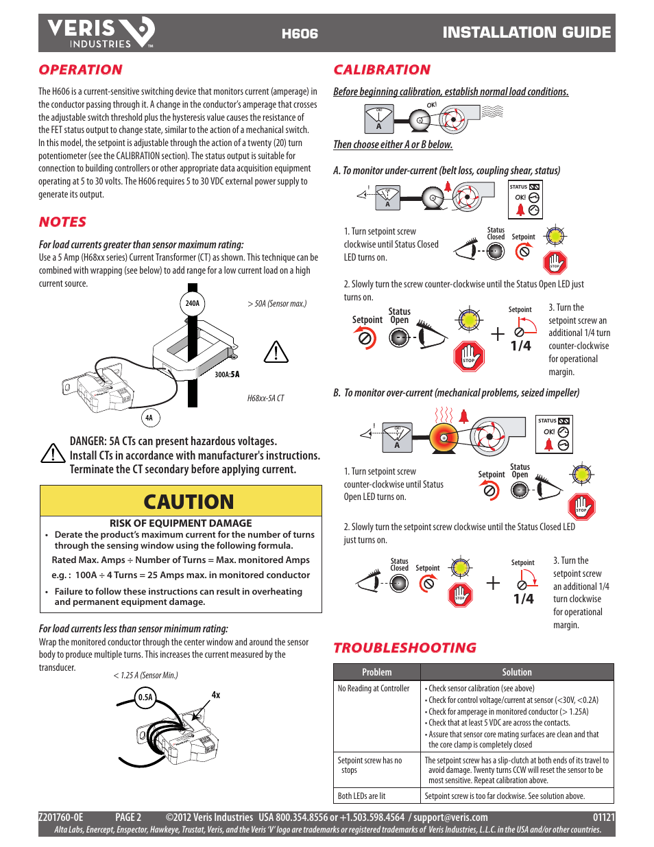 Caution, Installation guide, Operation | Troubleshooting, Calibration, H606 | Veris Industries H606 Install User Manual | Page 2 / 2