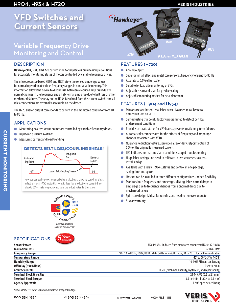 Veris Industries H720 Datasheet User Manual | 2 pages